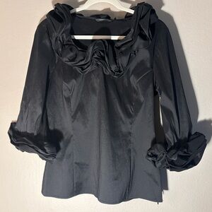 Samuel Dong Black Wire Ruffle 3/4 Sleeve Blouse Top Sz Small